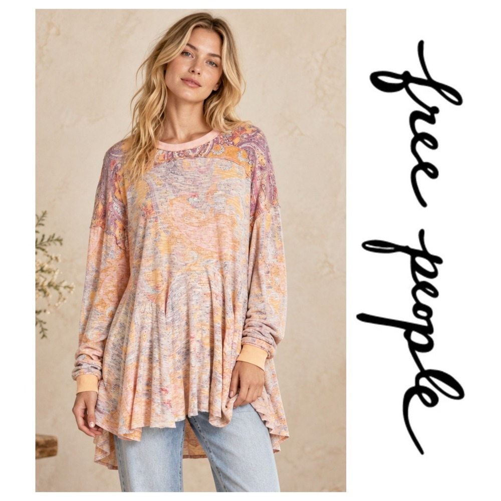 Free People Making Circles Paisley Oversized Long Sleeve Cotton Modal T-Shirt M